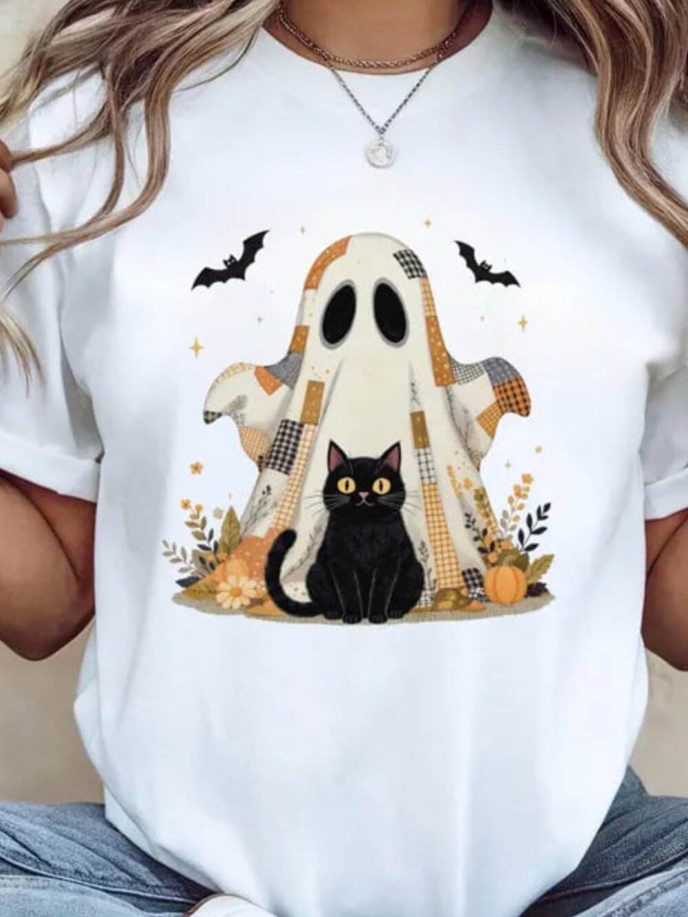 Halloween Ghost Shirt, Cute Floral Cat Pumpkin Tee, Gift For Halloween